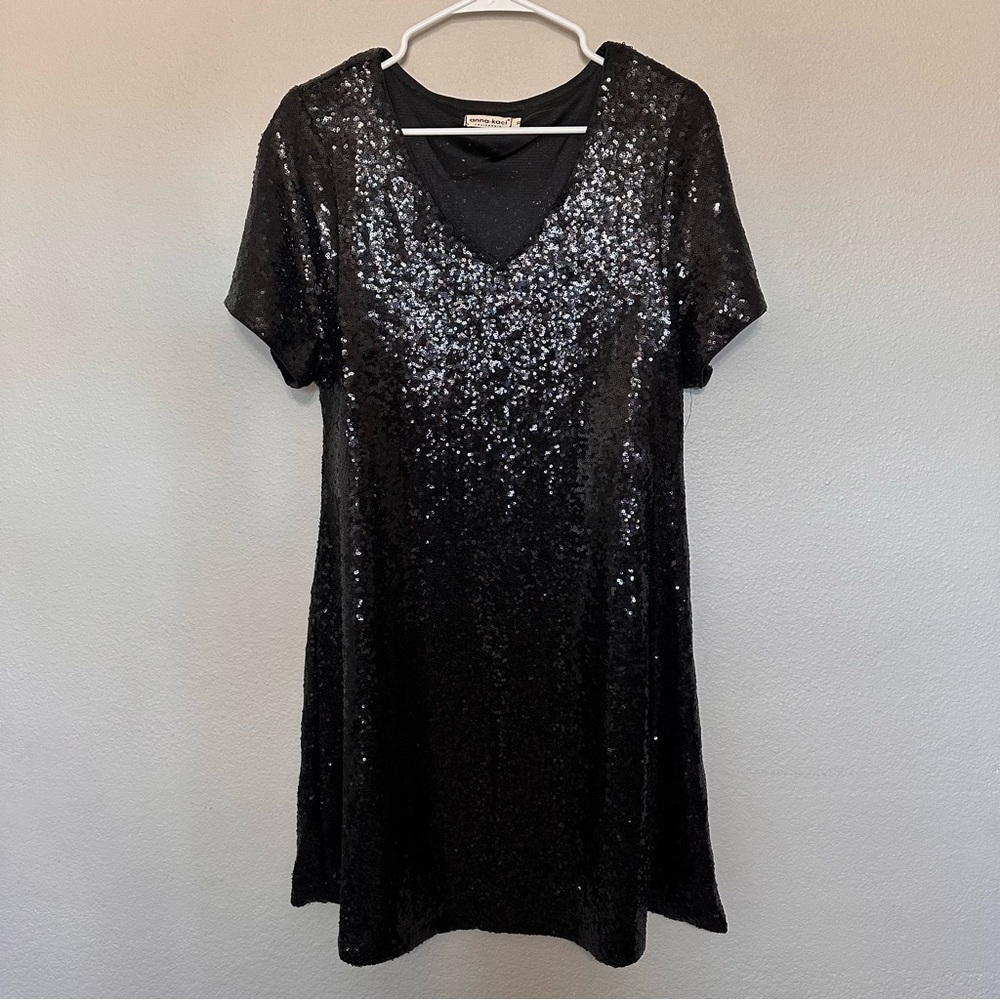 Anna Kaci Black Sequined Shift Tunic T-Shirt Mini Dress, XL - Picture 2 of 5